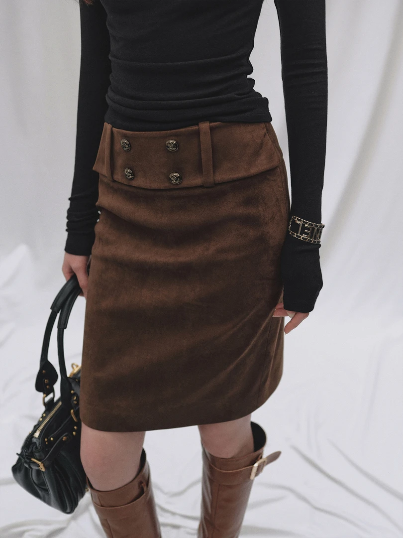 复古麂皮宽腰带直筒包臀半身裙女秋冬时髦摩登修身包臀中长裙