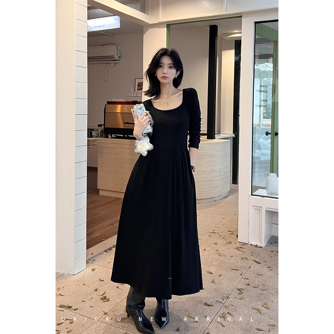 UKILAU玲珑腰 芭蕾风修身显瘦高腰U领针织连衣裙