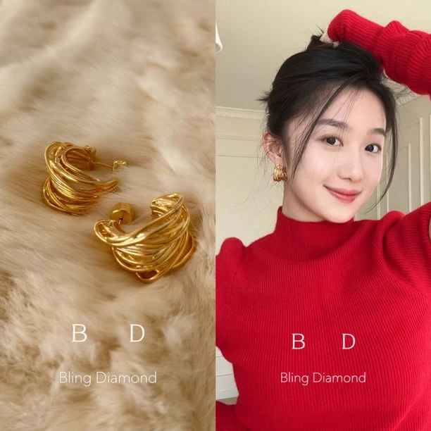 合金耳饰 新年金色绕线复古重工耳圈法式耳环欧美简约耳钉