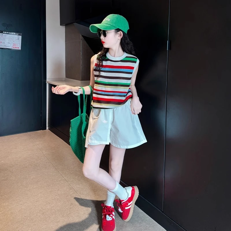 女童夏季套装2025新款洋气大童多巴胺冰丝背心夏装儿童短裤两件套