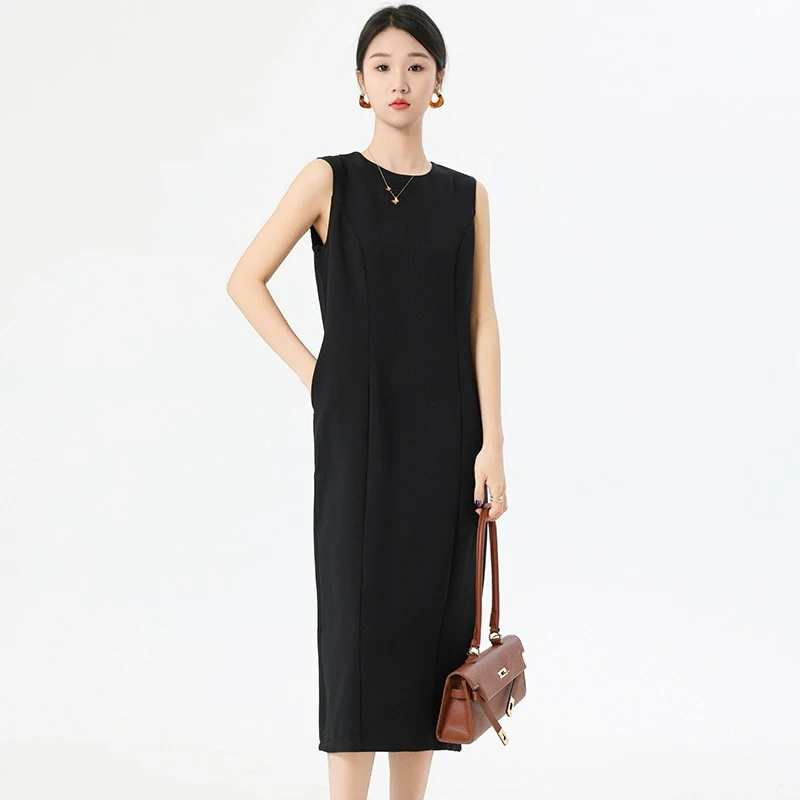 【9035】2025夏季新款定制进口无袖百搭通勤简约显瘦中长连衣裙女
