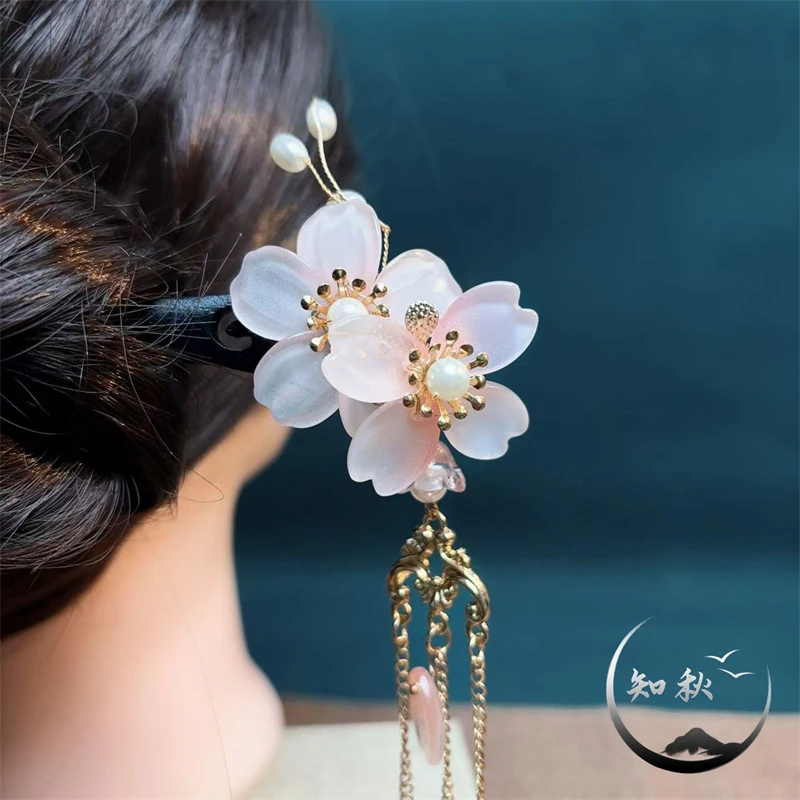 a465【故梦】粉色花朵发簪新中式古风发簪子旗袍汉服重工发饰盘发