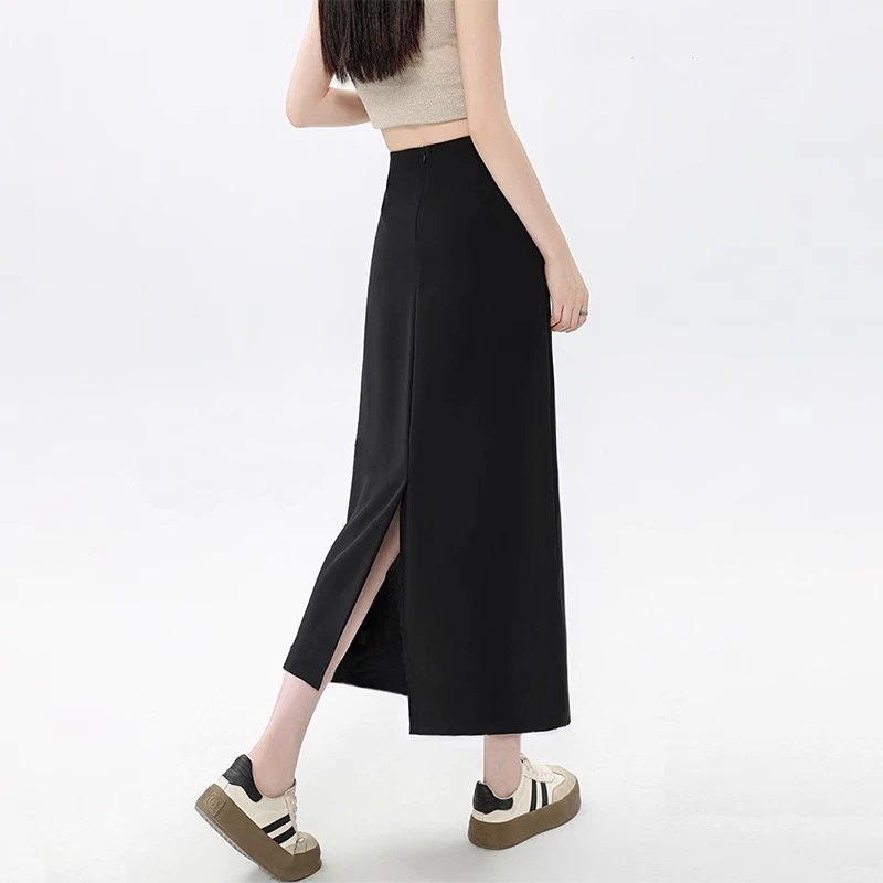 大码高腰显瘦显腿长半身裙女夏薄款垂感直筒裙子后开叉一步包臀裙
