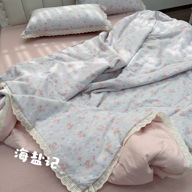 海盐记【夏被四件套】皱皱纱花边云感夏被四件套薄款夏凉被小清新