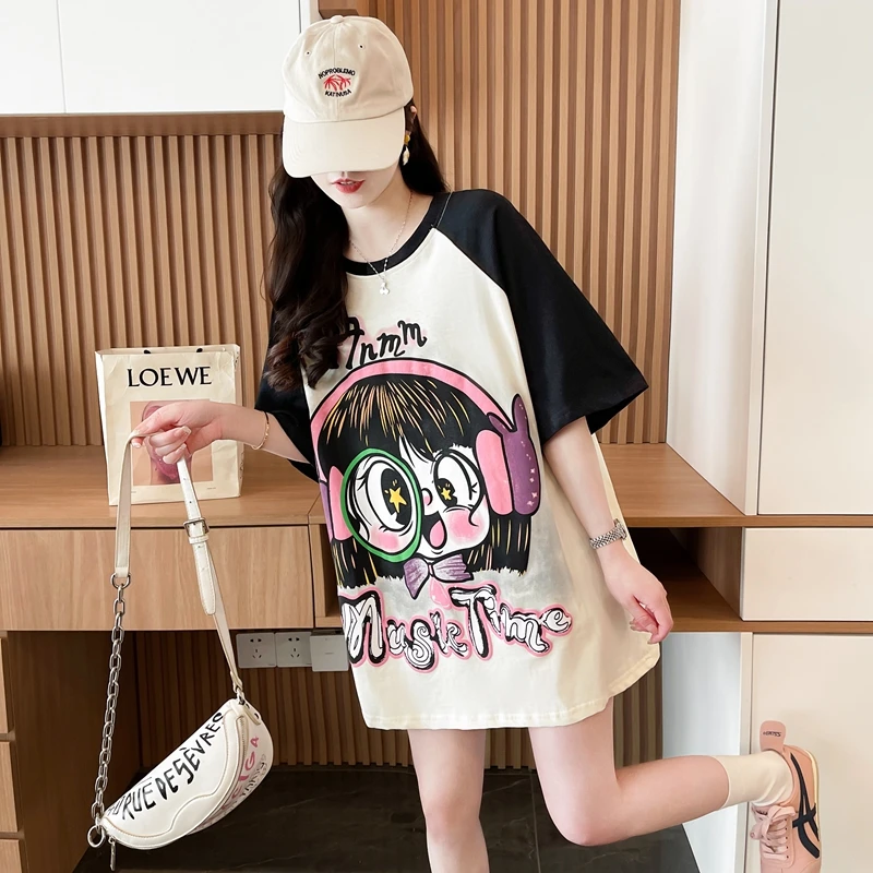 圆领纯棉短袖T恤女2025夏季爆款宽松撞色设计感显瘦大码胖mm上衣