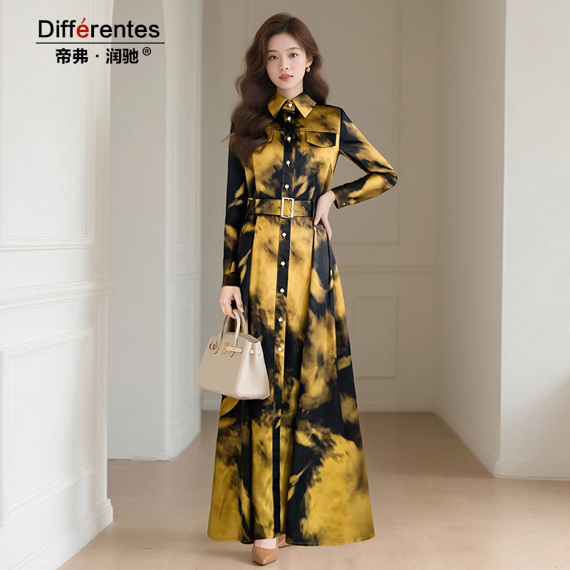 帝弗润驰秋新款咖啡色时尚缎面连衣裙女优雅气质高级感复古长款裙