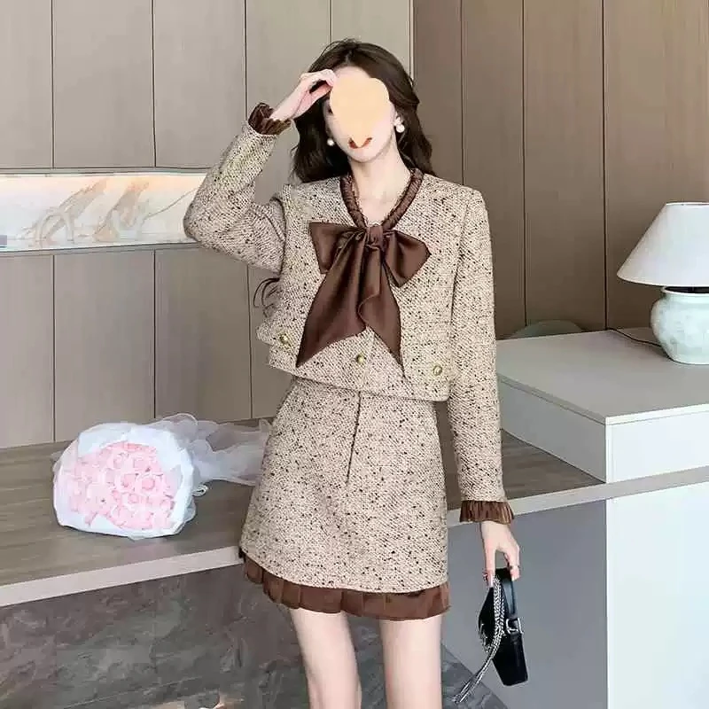 2025年春秋新款时尚小香风套装裙女洋气蝴蝶结短外套半身裙两件套