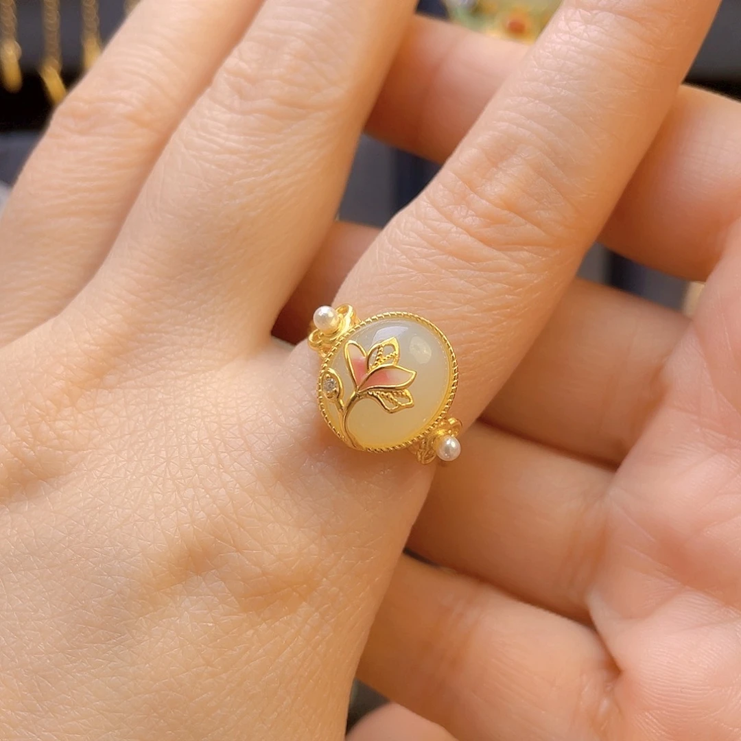 和田玉戒指银S925镀金镶嵌