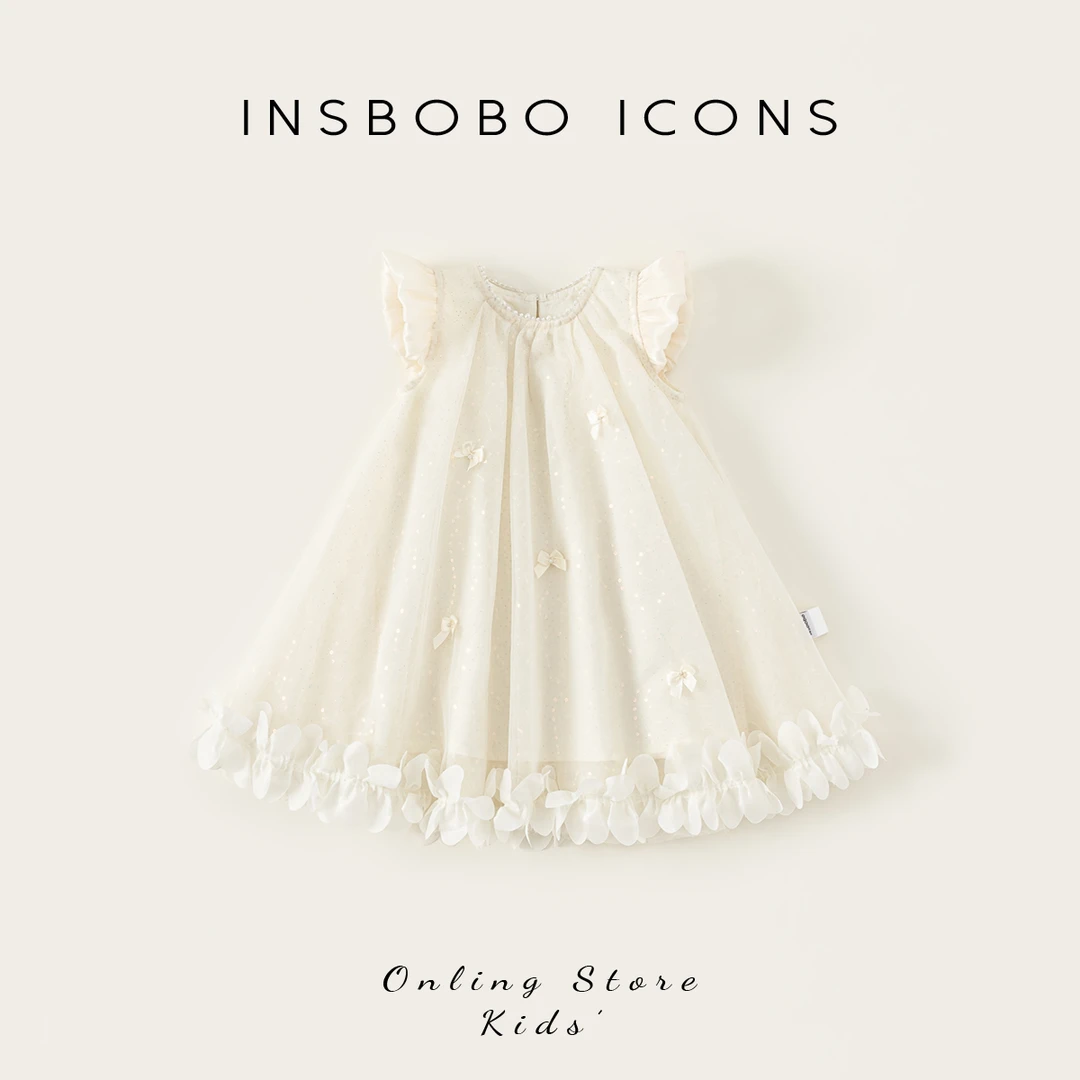 INSbobo女童公主裙夏季裙子小飞袖珍珠蝴蝶结花边连衣裙潮XQ25184