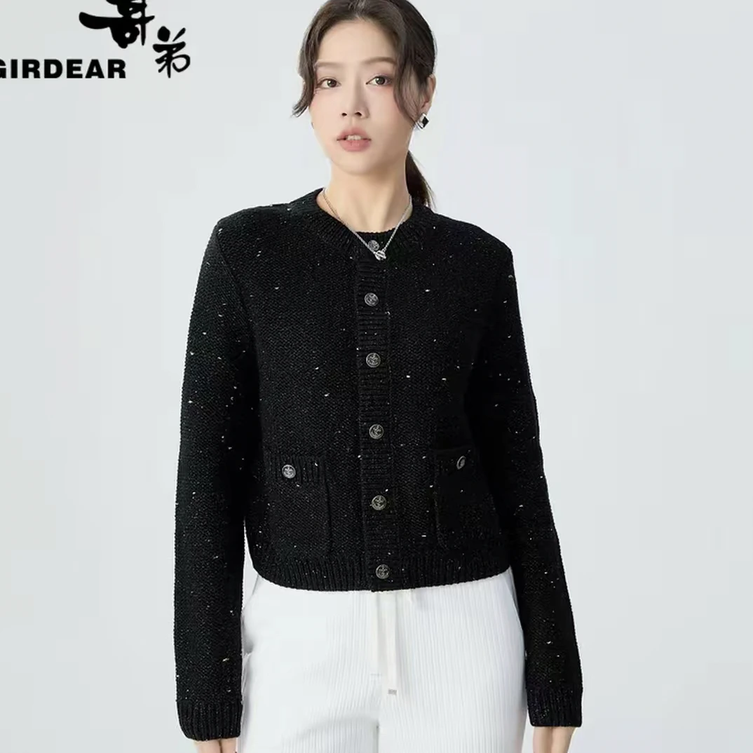 GIRDEAR/哥弟1499256 新款秋冬高级感细闪小香风圆领针织开衫外套