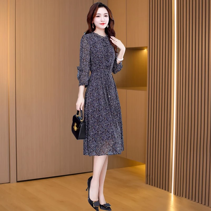碎花雪纺长袖连衣裙女夏春秋2025新款妈妈气质高端品牌广州十三行