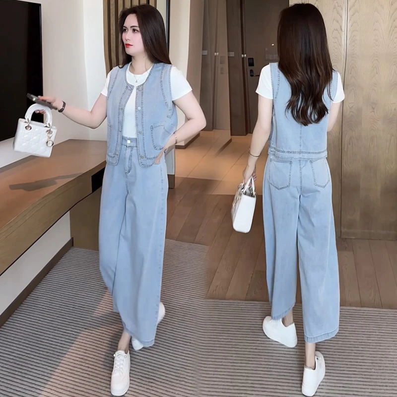 时尚三件套夏季休闲显瘦宽松减龄洋气牛仔马甲短袖直筒裤套装