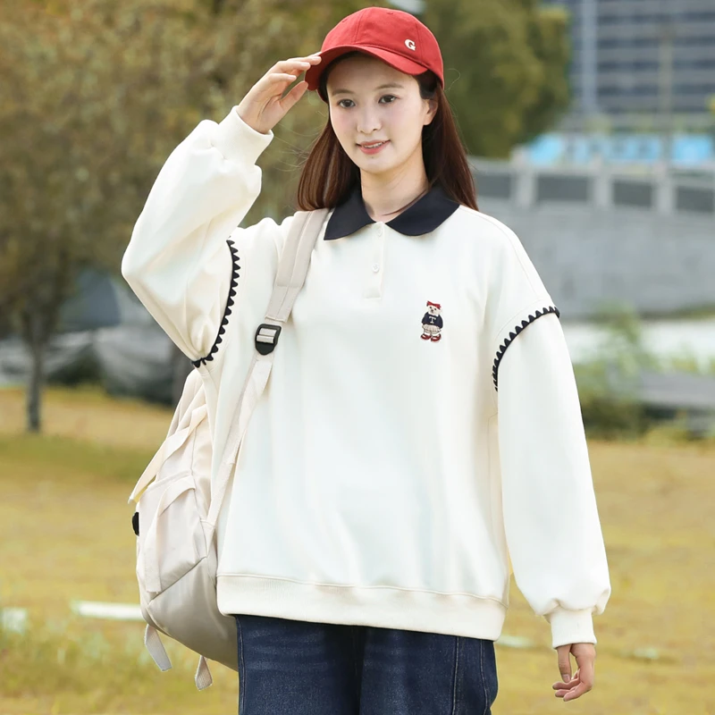 秋冬新款初中生卫衣女韩版学院风假两件套头撞色时尚高中学生大童