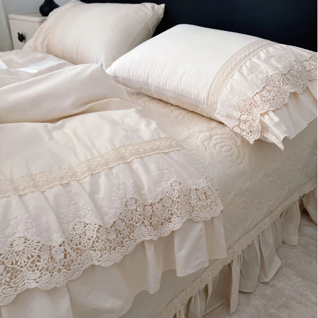 法式轻奢高档奶油风全棉床上四件套纯棉被套荷叶边少女心夹棉床盖