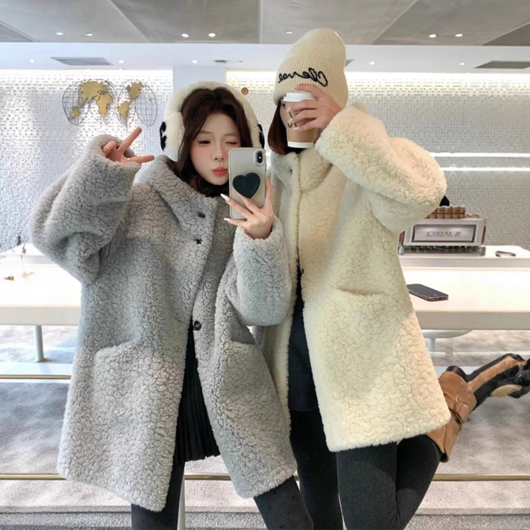 羊羔毛外套女2025秋冬季新款韩版宽松加厚中长款显瘦保暖连帽大衣