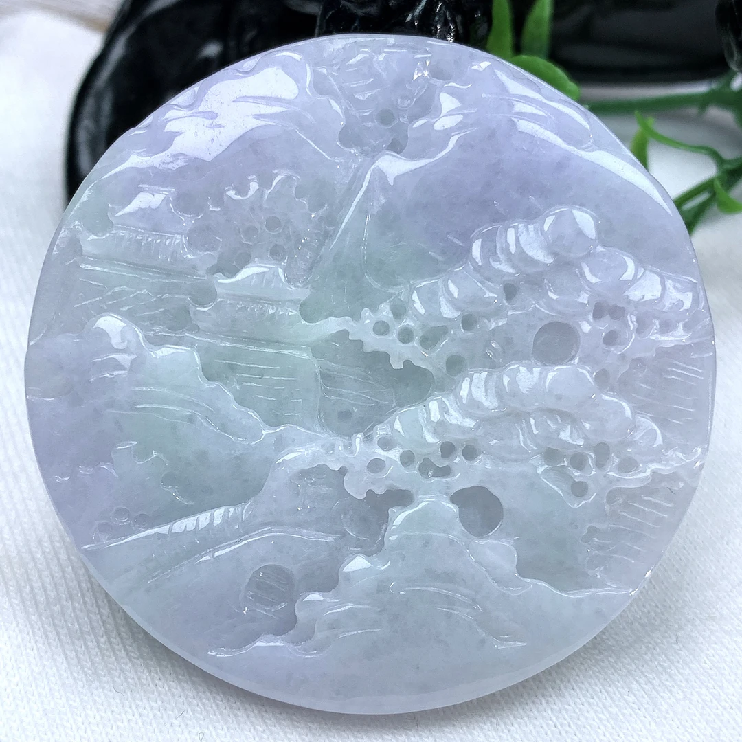 天然缅甸翡翠A货粉紫罗兰山水吊坠玉牌挂件47.8−6.2mm