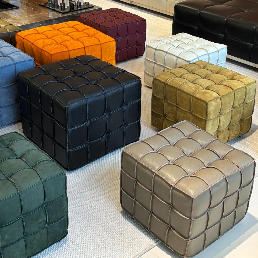 全头层黄牛皮多巴胺魔方凳 意式极简中古风床尾凳脚踏玄关凳