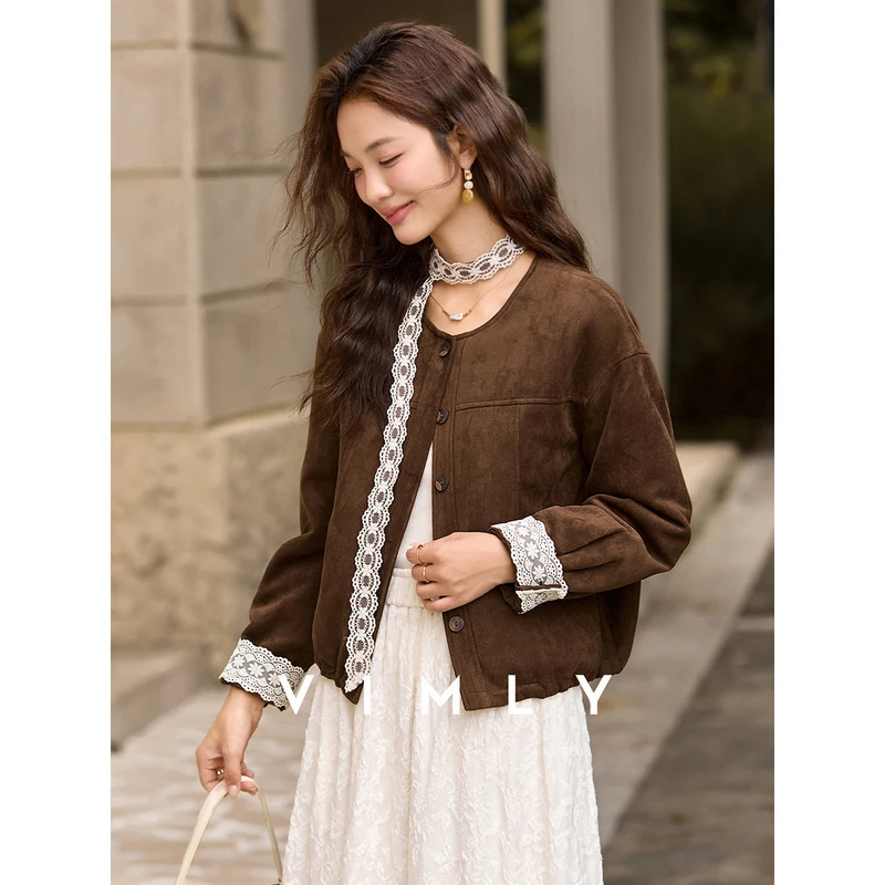 梵希蔓棕色复古圆领鹿茸皮外套女冬季新款蕾丝拼接夹棉上衣A3530