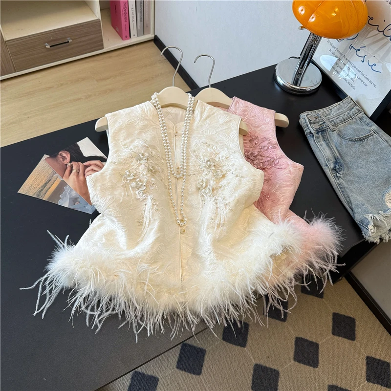 【毛可拆卸】加棉加厚洋气短款冬季亮片无袖加棉刺绣秋冬马夹