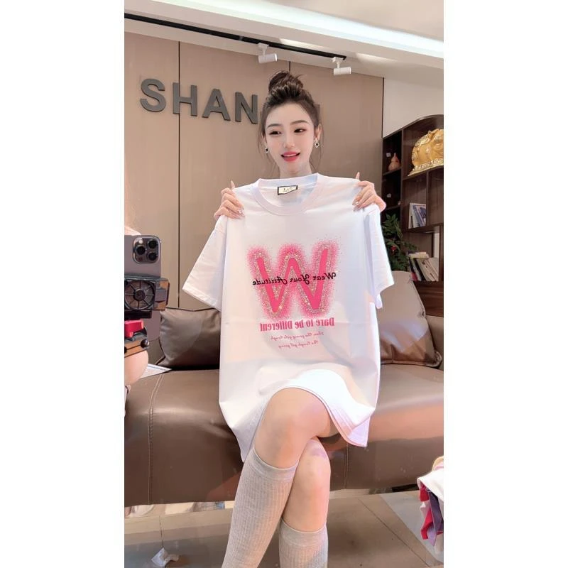 新款{粉W}高颜值老板娘气质款烫钻百搭T恤宽松休闲夏季新品