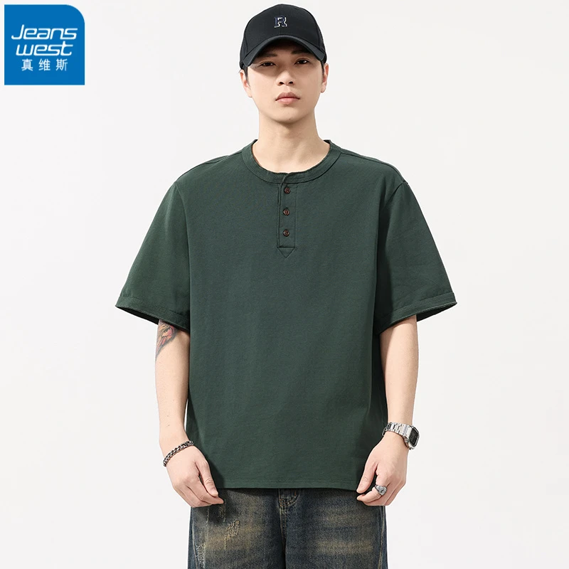 真维斯美式复古亨利领polo衫男士短袖T恤夏季潮牌宽美式亨利polo