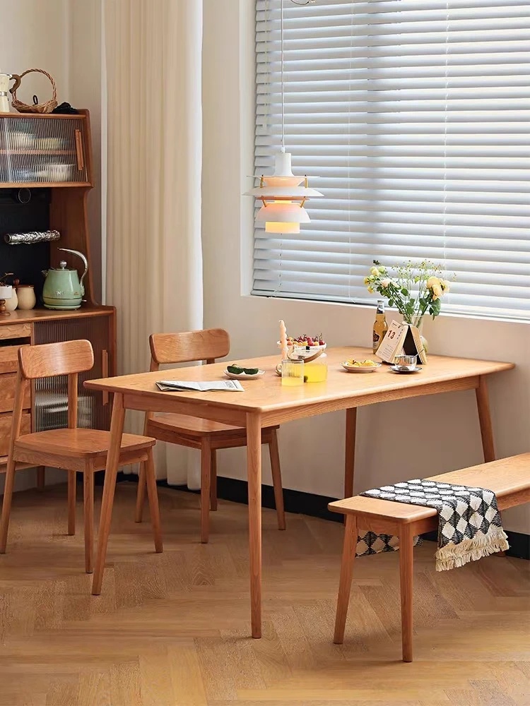 樱桃木餐桌全实木饭桌家用小户型北欧长方形简约原木餐桌椅组合