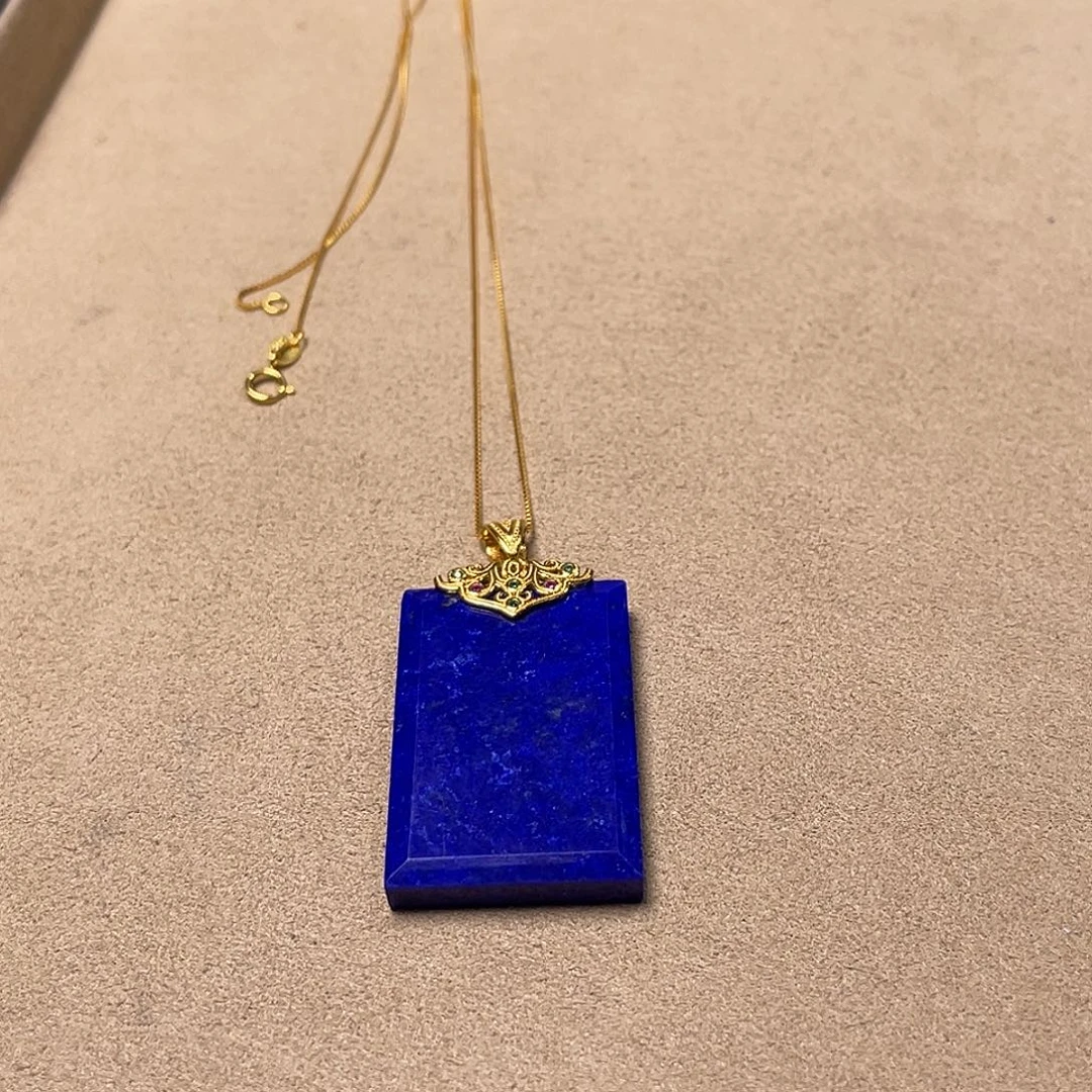 青金石银S925镀金镶嵌无事牌23x38mm(配银链）