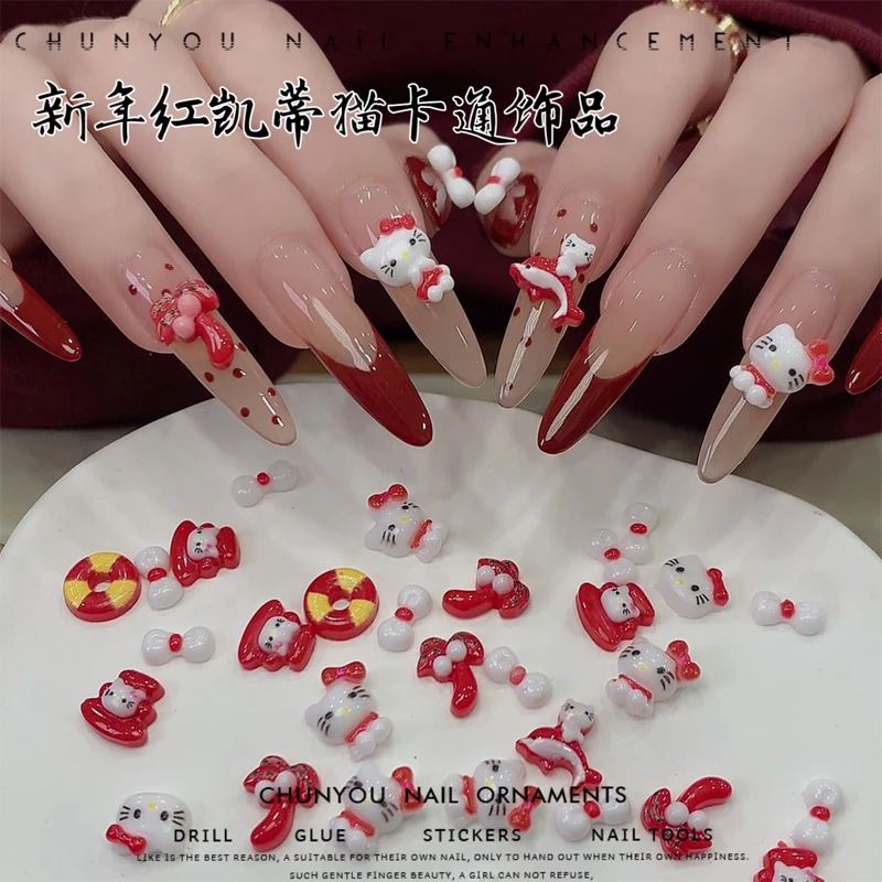 新年红凯蒂猫卡通美甲饰品红色可爱泳圈KT法式蝴蝶结美甲配饰