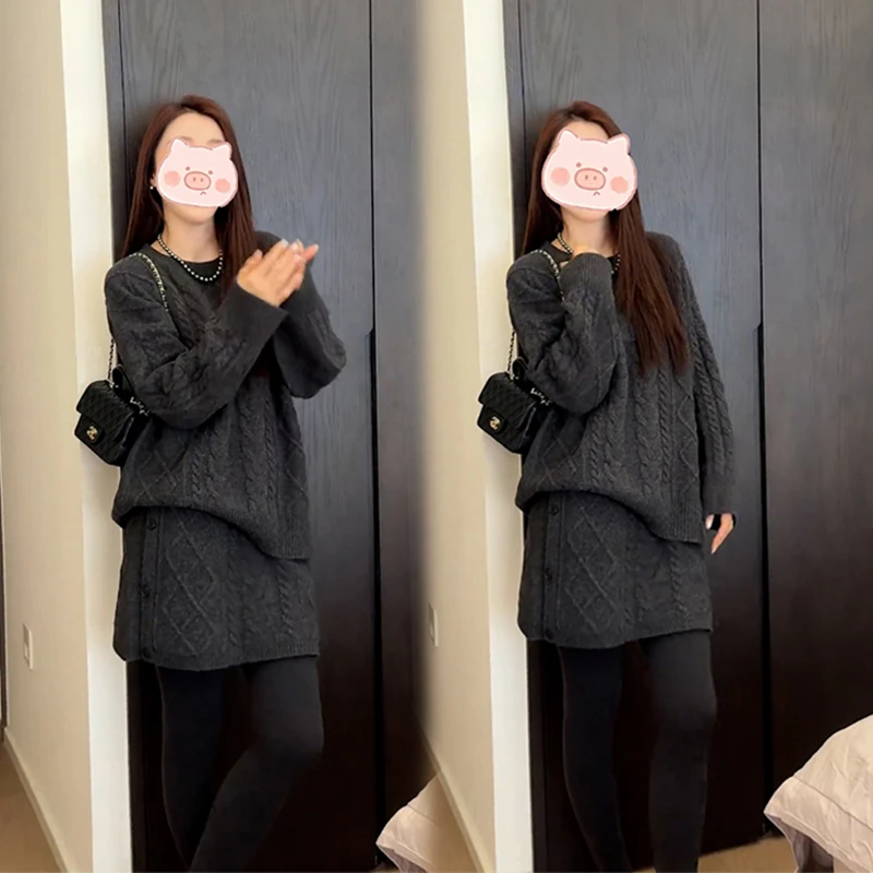 2025冬季新款韩版宽松显瘦针织套头上衣加半身裙两件套套装时尚女