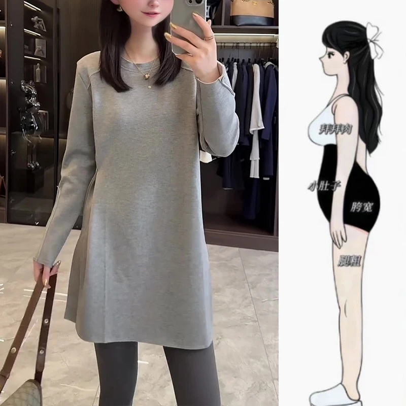 秋冬新款宽松显瘦遮肉开衩设计简约气质T恤百搭通勤休闲长袖上衣