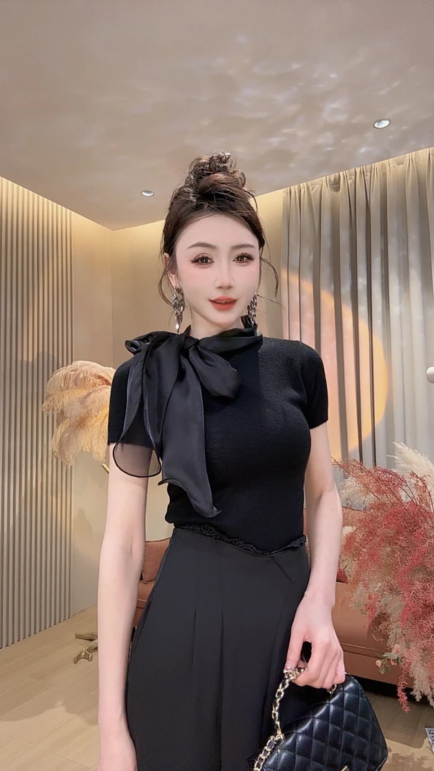 【美美专享】16669夏季新款法式系带蝴蝶结针织短袖上衣女