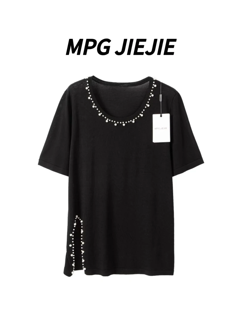 MPG JIEJIE【俏丽佳人】大码正肩钉珠开叉针织上衣