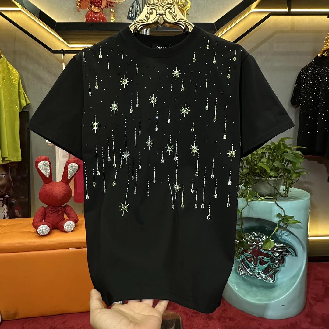 百搭T恤春夏男款流星烫钻T恤轻奢黑色设计师圆领男士高奢77961
