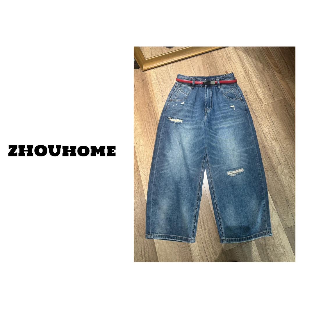 【周周服饰】欧货复古薄款破洞阔腿牛仔弯刀裤女夏2025新款-配腰带