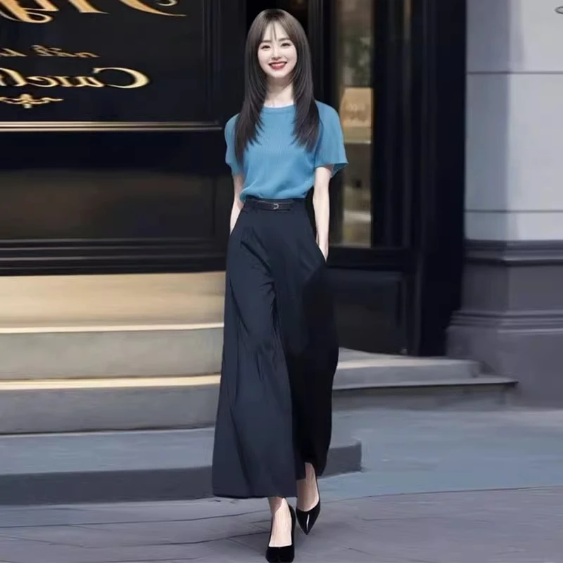时尚套装女2025夏季新款洋气显瘦百搭短袖高腰阔腿裤气质两件套潮