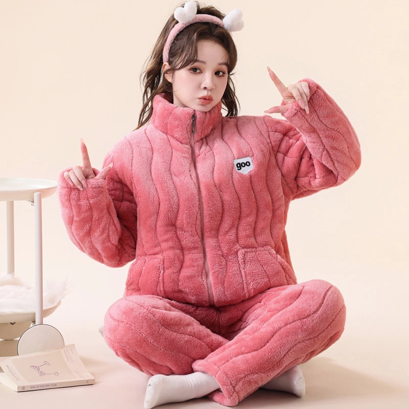 夹棉睡衣冬季新款男女情侣款加绒保暖家居服冬款套装保暖省服棉袄