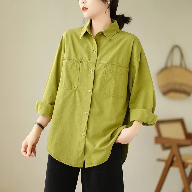 时尚叠穿休闲衬衫外套女春季设计感翻领百搭宽松显瘦韩版文艺衬衣