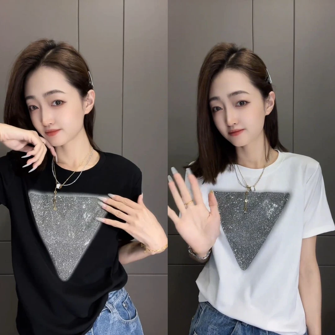 韩式三角形烫钻短袖T恤女夏季2025新款修身显瘦短款上衣