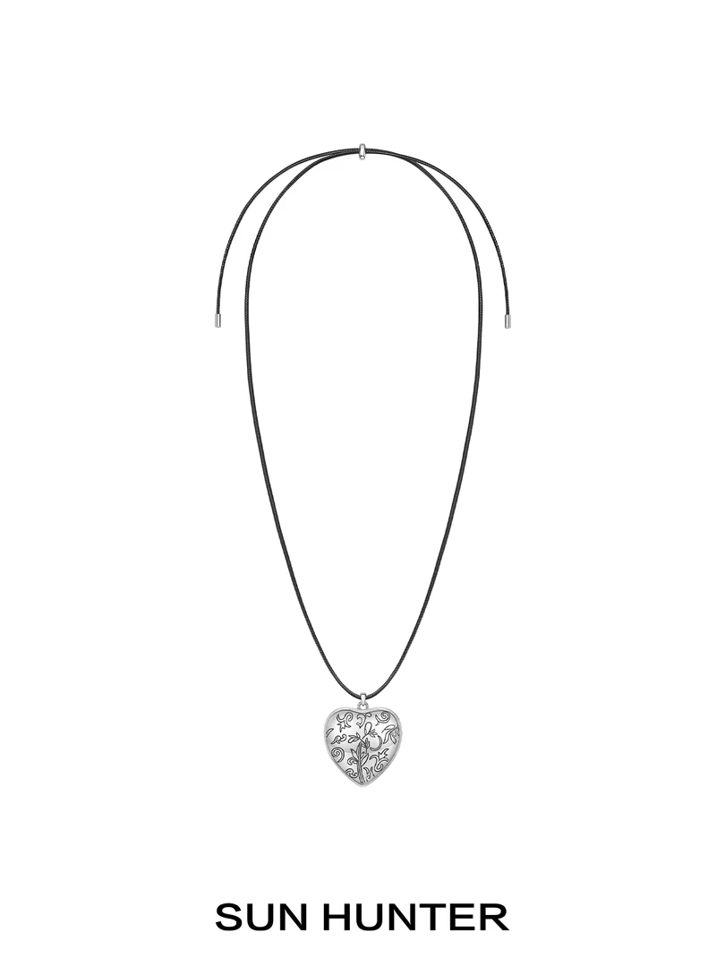 铜合金皮质项链 三横SUN HUNTER原创雕刻爱心项链复古皮绳锁骨链