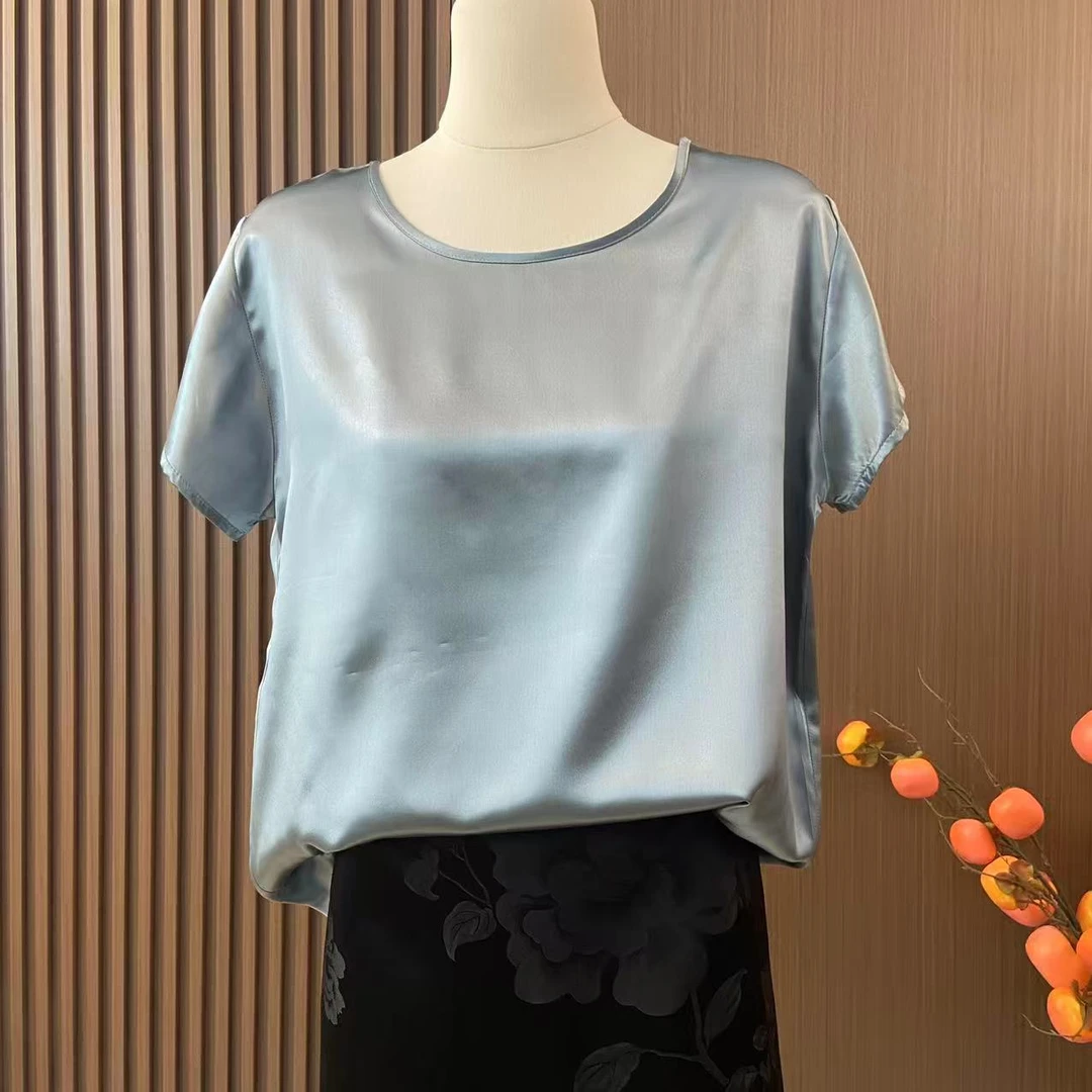 [灰蓝色]百分百桑蚕丝重磅素绉缎短袖女士上衣