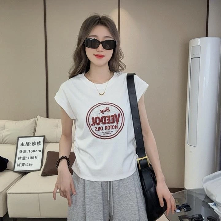 印花吸汗字母圆领油画风常规T恤宽松显瘦时尚百搭无袖设计感休闲