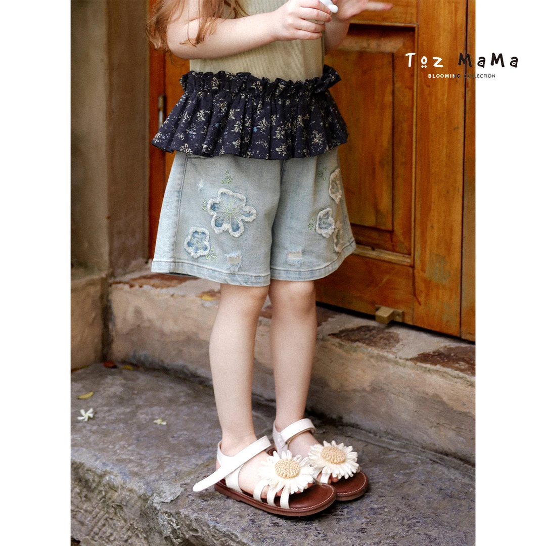 Toz Girls豆几妈5/16花朵贴布绣女童短裤小女孩夏季轻薄休闲裤裤