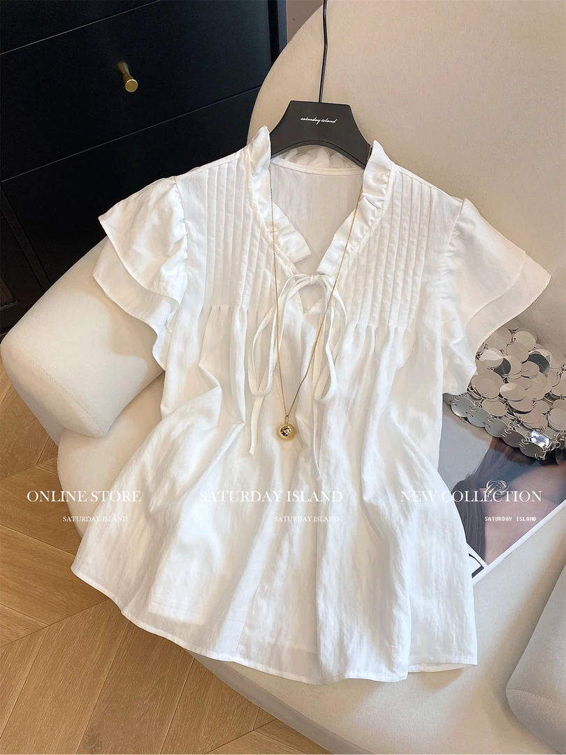2025夏新款温柔风白色系带V领小飞袖衬衫女时尚通勤百搭显瘦上衣
