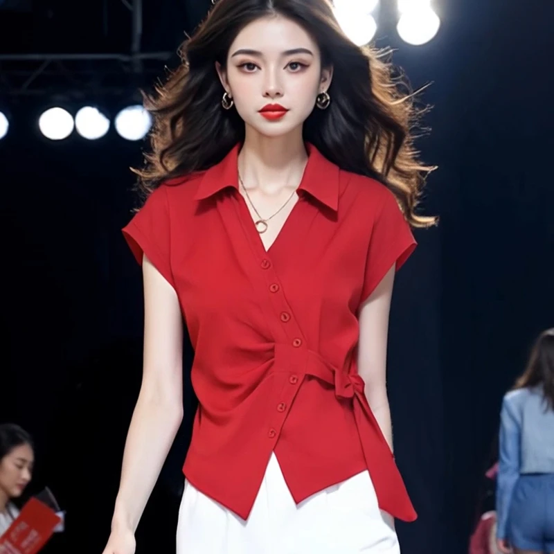 POLO领短袖衬衫夏季韩系显瘦时尚休闲上衣设计绑带侧腰