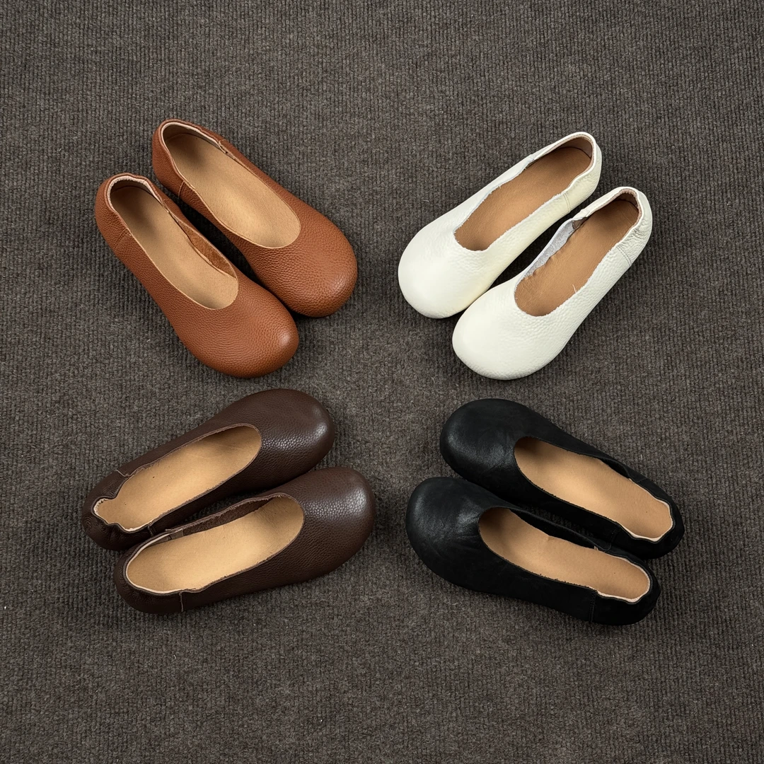 头层牛皮圆头浅口手工单鞋平底妈妈鞋夏季新款百搭舒适一脚蹬软底