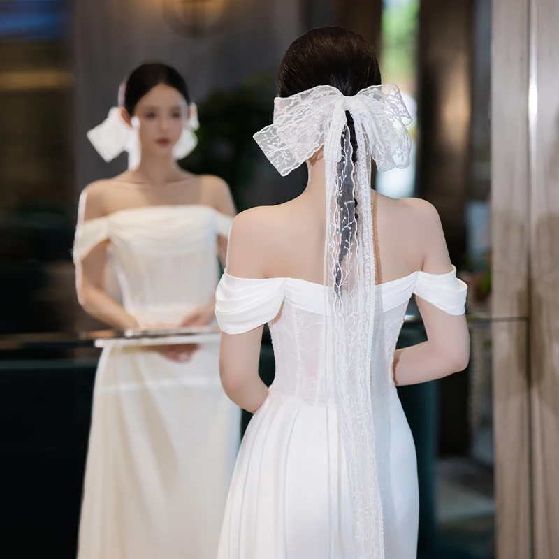 非金属布艺婚庆饰品 新娘法式优雅蕾丝长款蝴蝶结飘带发饰MC2959