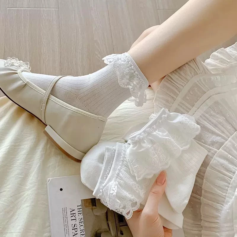 白色lolita花边蝴蝶结中筒袜子女可爱蕾丝公主仙女jk春夏季薄款