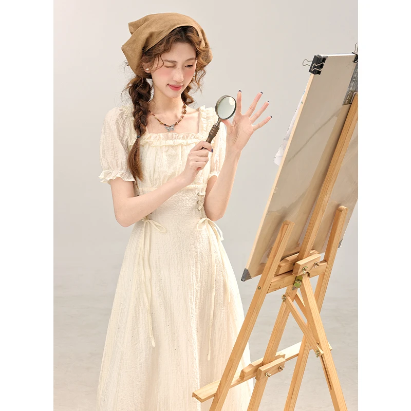 三寸藕【香榭格调】法式温柔风收腰杏色连衣裙夏日绝美小裙L250132