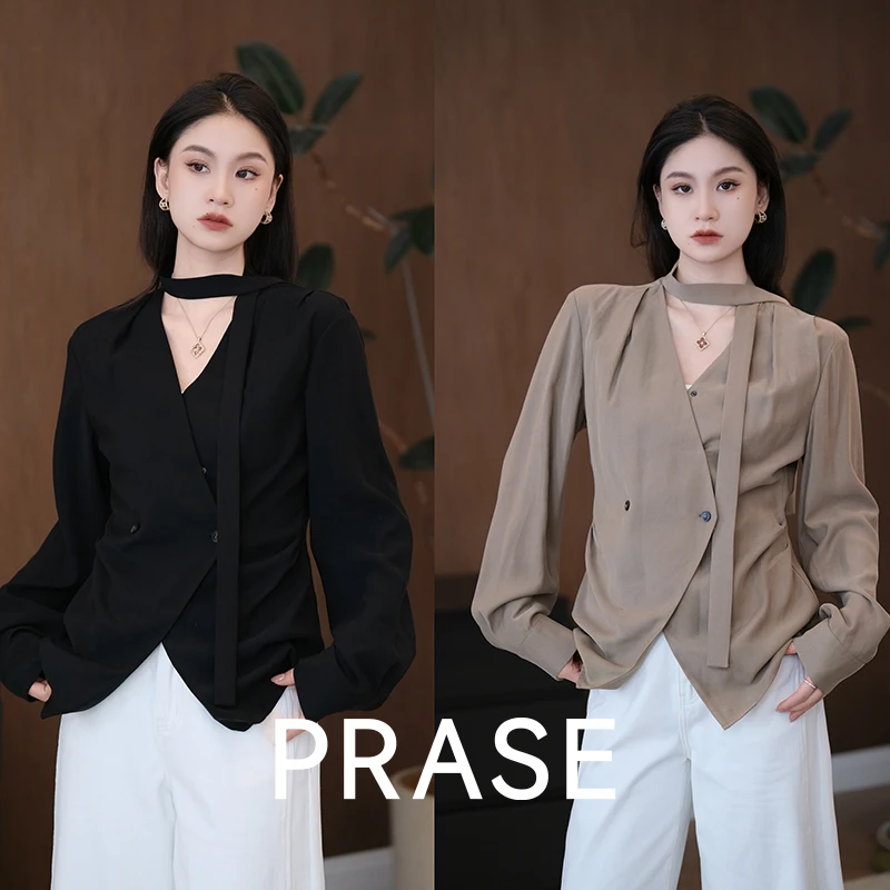 PRASE·噜【丽芙衬衫】微胖轻奢设计款秋女气质V领飘带衬衫PR507B100
