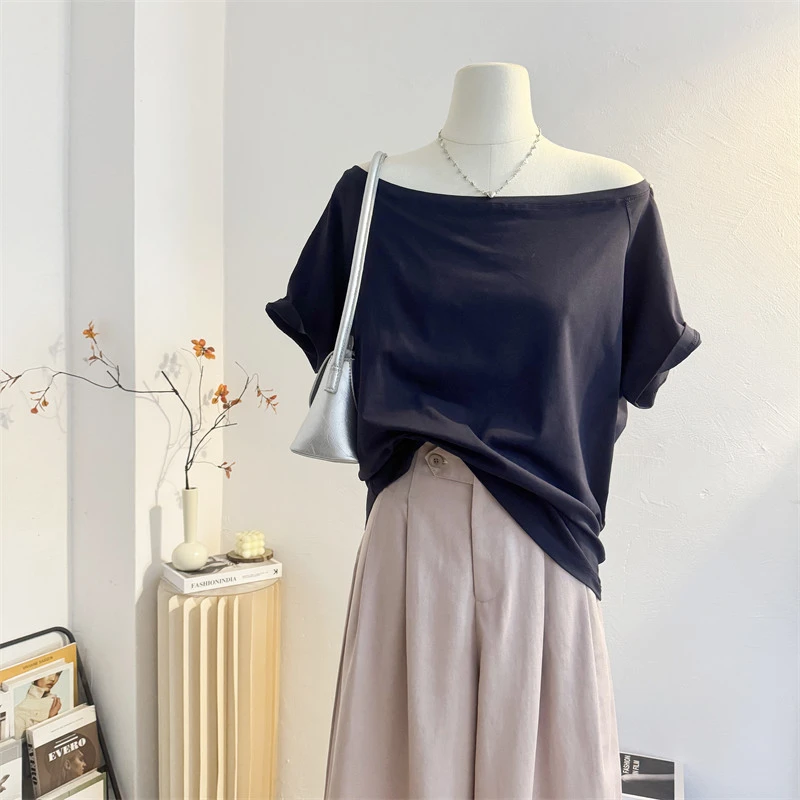 一字领斜肩短袖T恤女2025夏季宽松慵懒风显瘦休闲时髦露肩上衣女